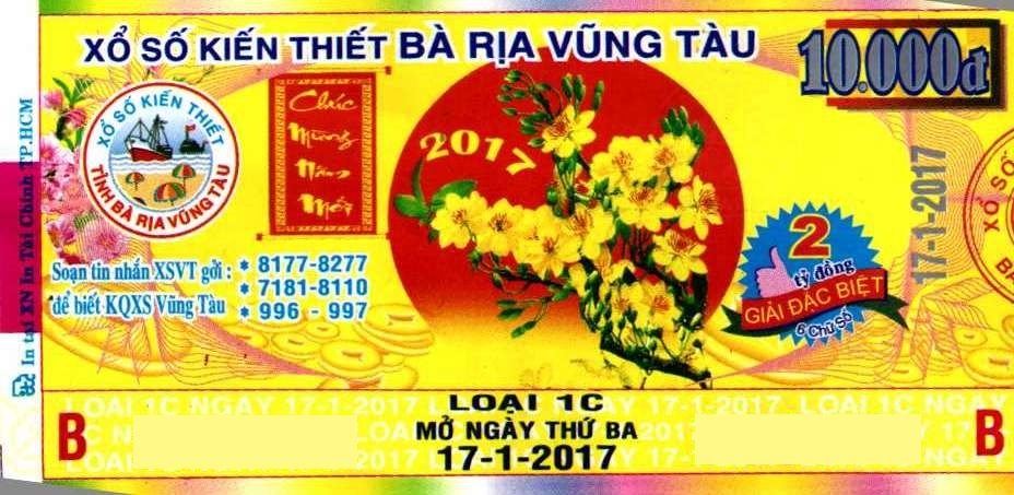 Giải đặc biệt Kỳ vé 1C mở thưởng ngày 17/01/2017