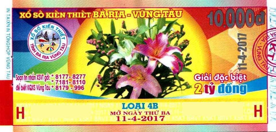 Giải đặc biệt Kỳ vé 4B mở thưởng ngày 11/04/2017