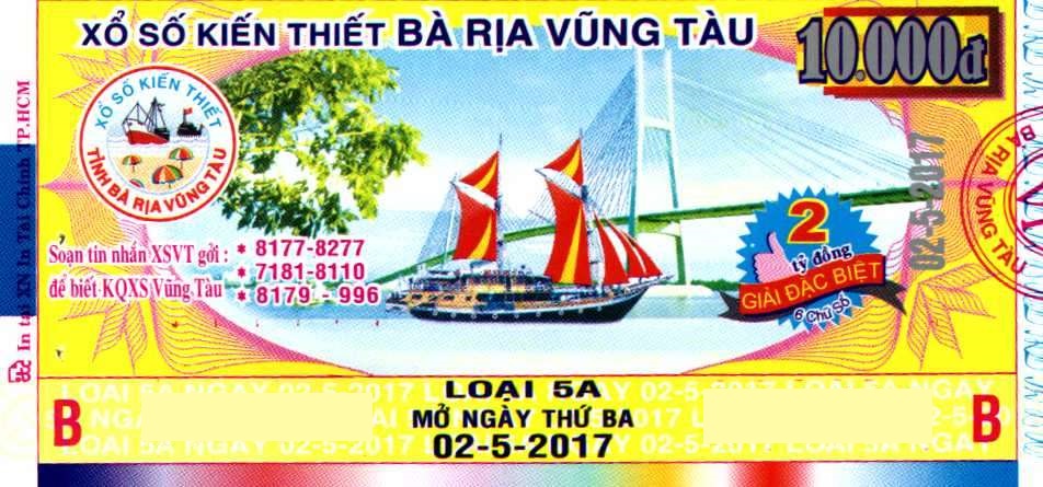 Giải đặc biệt Kỳ vé 5A mở thưởng ngày 02/05/2017