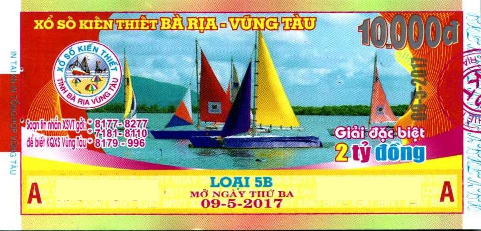 Giải đặc biệt Kỳ vé 5B mở thưởng ngày 09/05/2017