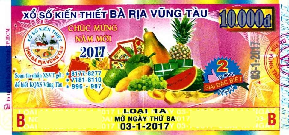 Giải đặc biệt Kỳ vé 1A mở thưởng ngày 03/01/2017