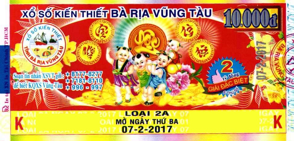 Giải đặc biệt Kỳ vé 2A mở thưởng ngày 07/02/2017