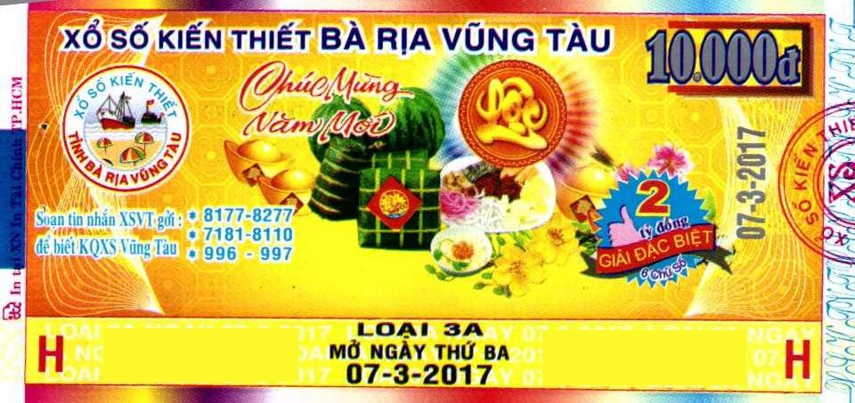 Giải đặc biệt Kỳ vé 3A mở thưởng ngày 07/03/2017