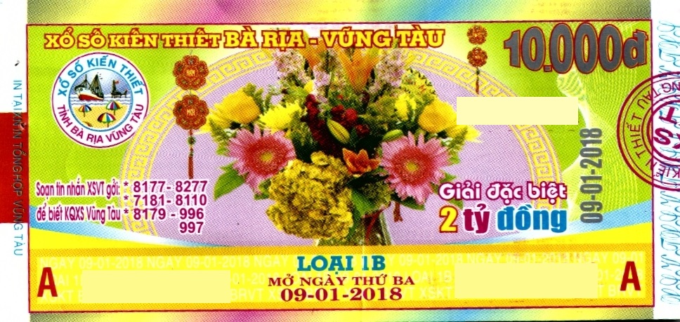 Giải đặc biệt Kỳ vé 1B mở thưởng ngày 09/01/2018