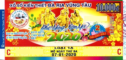 Giải đặc biệt Kỳ vé 1A mở thưởng ngày 07/01/2020