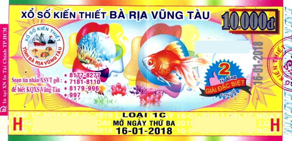 Giải đặc biệt Kỳ vé 1C mở thưởng ngày 16/01/2018