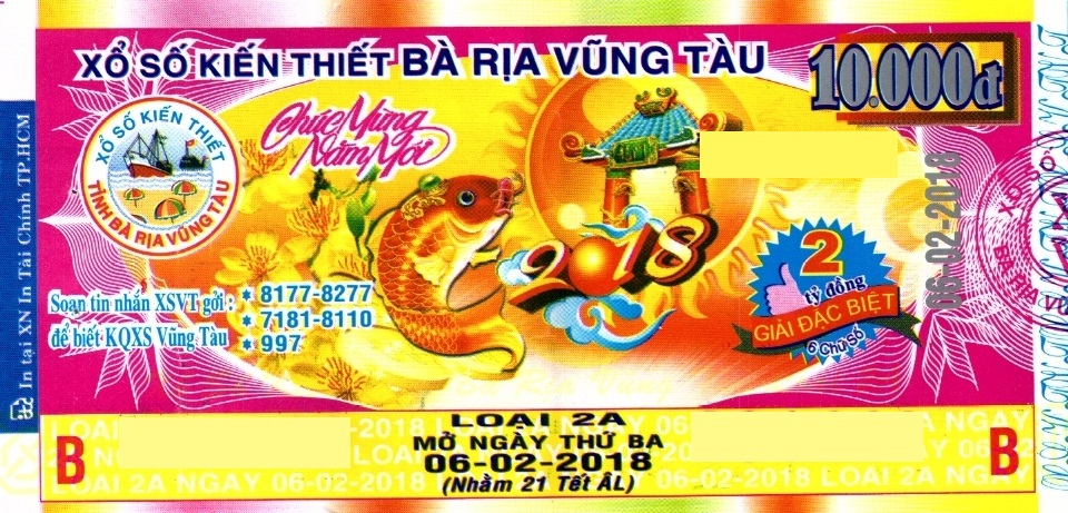 Giải đặc biệt Kỳ vé 2A mở thưởng ngày 06/02/2018