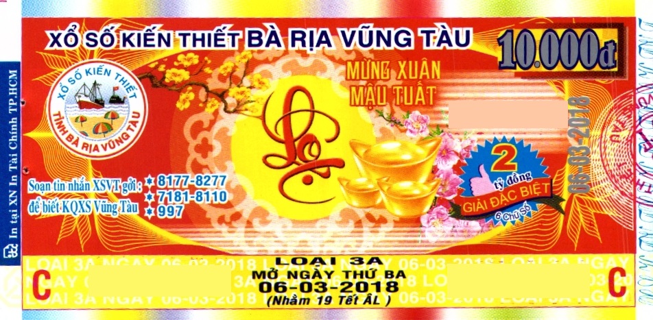 Giải đặc biệt Kỳ vé 3A mở thưởng ngày 06/03/2018