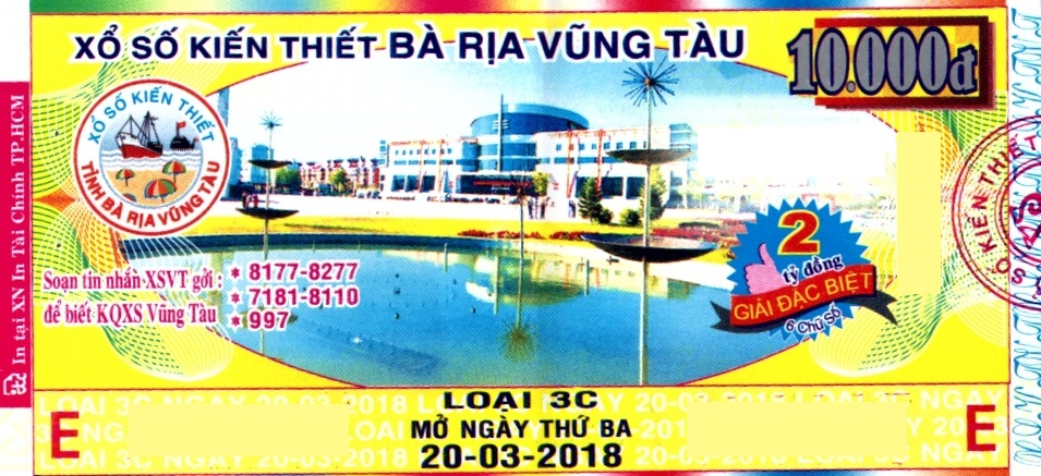 Giải đặc biệt Kỳ vé 3C mở thưởng ngày 20/03/2018