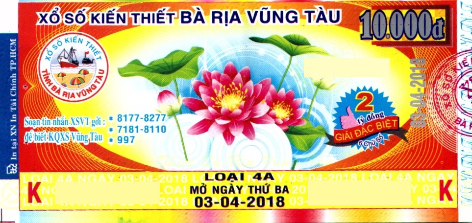 Giải đặc biệt Kỳ vé 4A mở thưởng ngày 03/04/2018