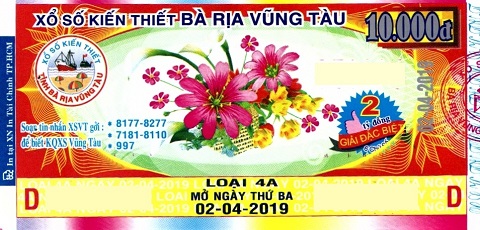 Giải đặc biệt Kỳ vé 4A mở thưởng ngày 02/04/2019