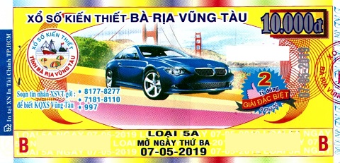 Giải đặc biệt Kỳ vé 5A mở thưởng ngày 07/05/2019