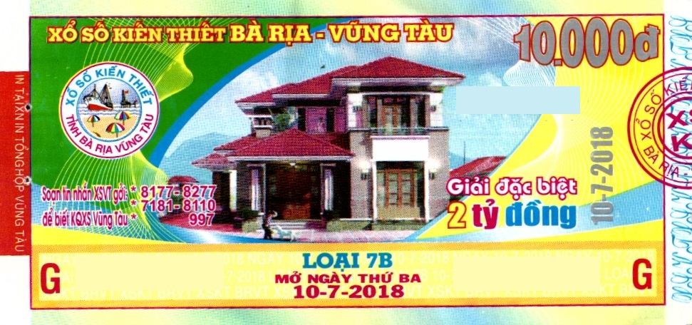 Giải đặc biệt Kỳ vé 7B mở thưởng ngày 10/07/2018