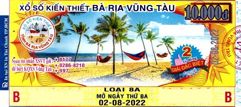 Giải đặc biệt Kỳ vé 8A mở thưởng ngày 02/08/2022