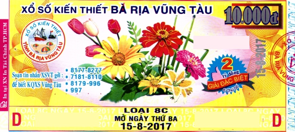 Giải đặc biệt Kỳ vé 8C mở thưởng ngày 15/08/2017
