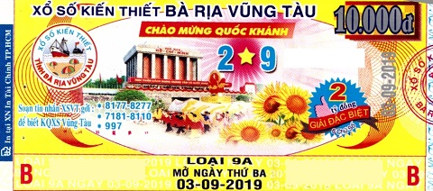 Giải đặc biệt Kỳ vé 9A mở thưởng ngày 03/09/2019