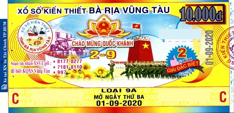 Giải đặc biệt Kỳ vé 9A mở thưởng ngày 01/09/2020