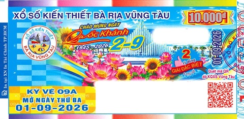 Giải đặc biệt Kỳ vé 9A mở thưởng ngày 01/09/2026