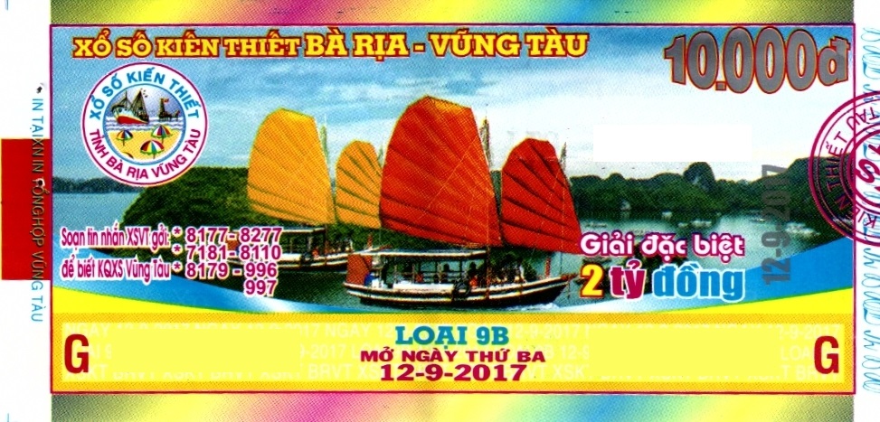 Giải đặc biệt Kỳ vé 9B mở thưởng ngày 12/09/2017