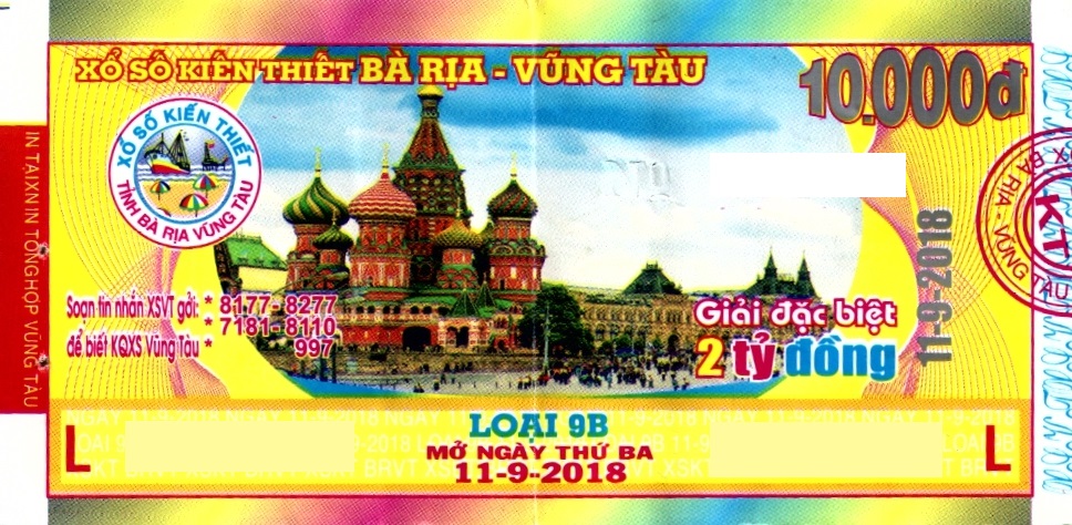 Giải đặc biệt Kỳ vé 9B mở thưởng ngày 11/09/2018