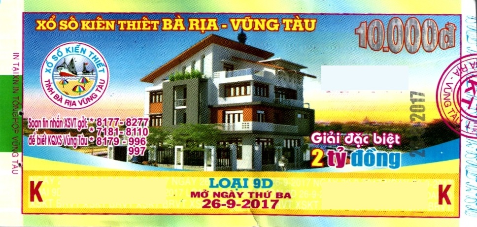 Giải đặc biệt Kỳ vé 9D mở thưởng ngày 26/09/2017