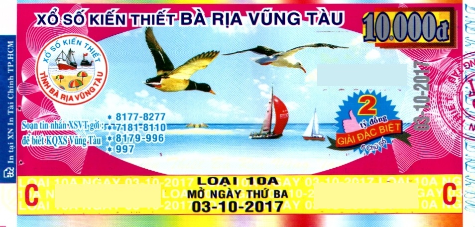 Giải đặc biệt Kỳ vé 10A mở thưởng ngày 03/10/2017