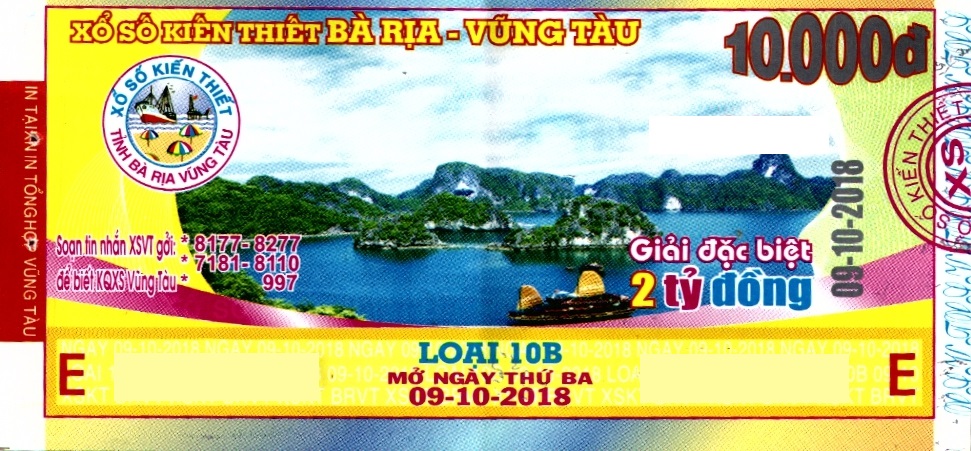 Giải đặc biệt Kỳ vé 10B mở thưởng ngày 09/10/2018