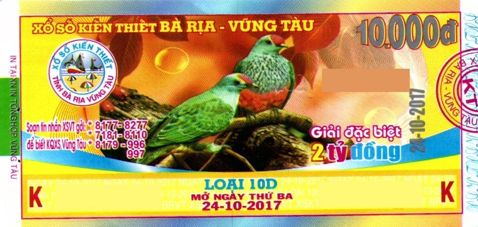 Giải đặc biệt Kỳ vé 10D mở thưởng ngày 24/10/2017