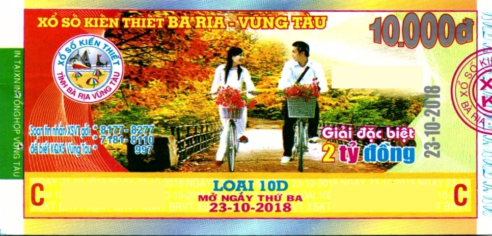 Giải đặc biệt Kỳ vé 10D mở thưởng ngày 23/10/2018