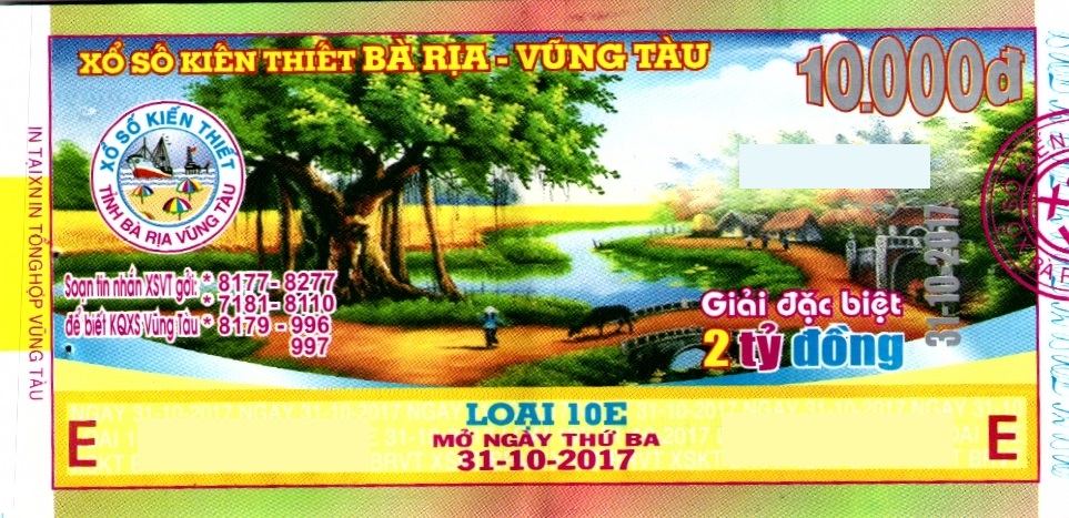 Giải đặc biệt Kỳ vé 10E mở thưởng ngày 31/10/2017