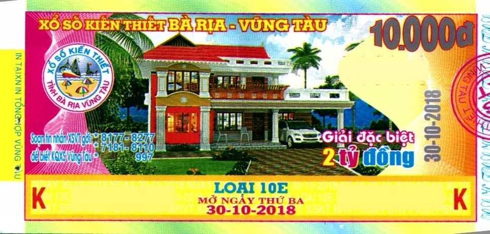 Giải đặc biệt Kỳ vé 10E mở thưởng ngày 30/10/2018