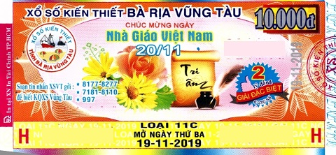 Giải đặc biệt Kỳ vé 11C mở thưởng ngày 19/11/2019