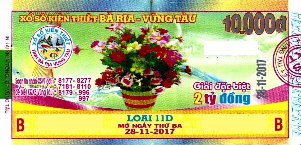 Giải đặc biệt Kỳ vé 11D mở thưởng ngày 28/11/2017