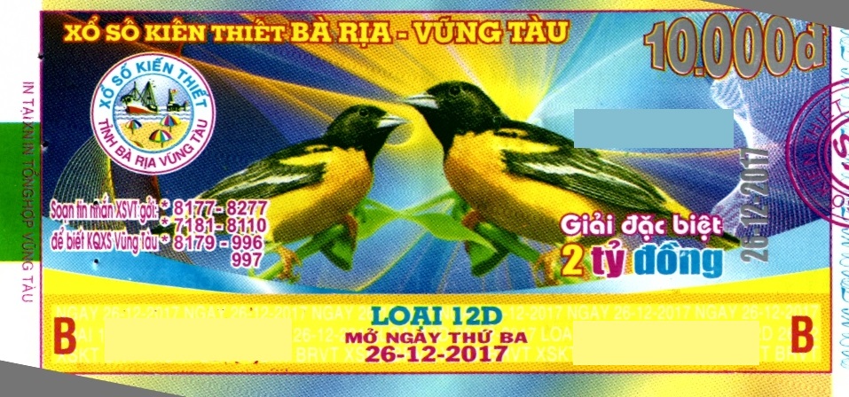 Giải đặc biệt Kỳ vé 12D mở thưởng ngày 26/12/2017