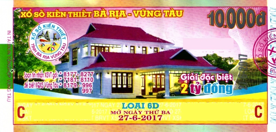 Giải đặc biệt Kỳ vé 6D mở thưởng ngày 27/06/2017