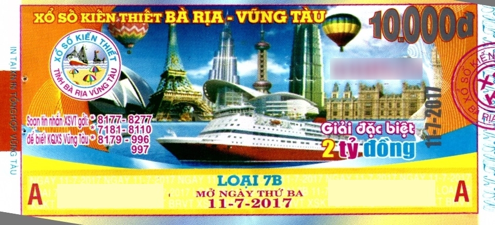Giải đặc biệt Kỳ vé 7B mở thưởng ngày 11/07/2017